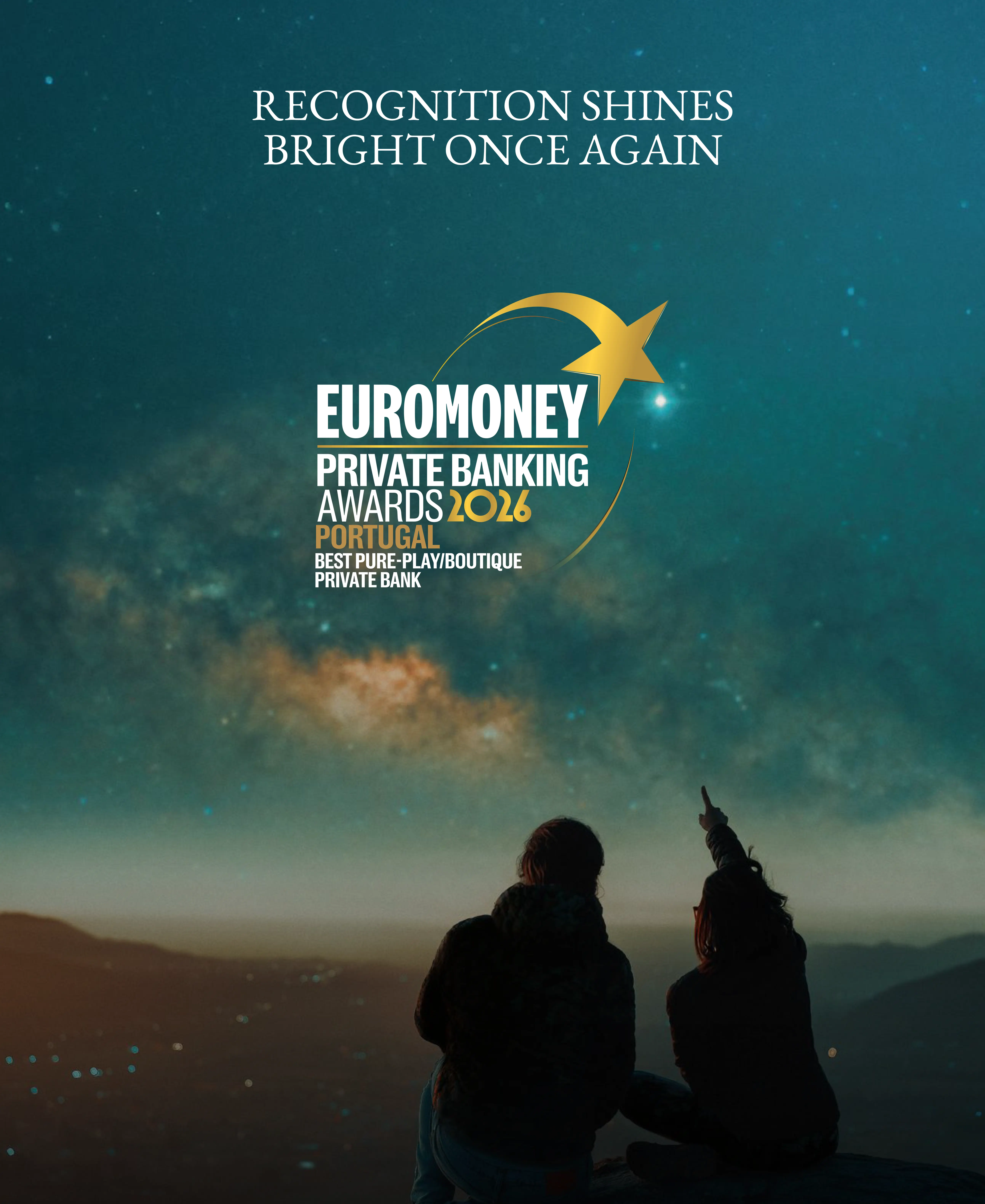 Image representing the award of the Euromoney Private Banking Awards 2025 to Banco Carregosa. In the background is a man looking at the horizon at the end of the afternoon.
